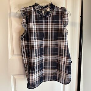 LOFT Navy and Orange Plaid Ruffle Top